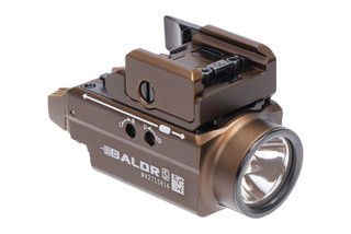 Baldr S Tactical Flashlight with tan finish provides 800 lumens of white LED and a green laser.